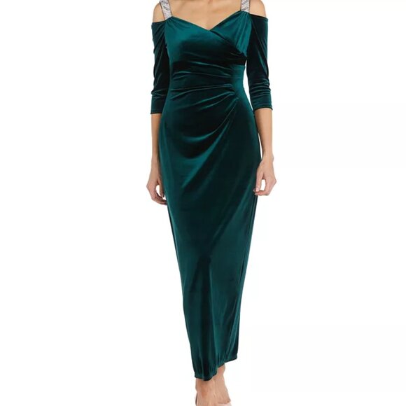 R&M Richards Dresses & Skirts - NWT R&M Richards Womens Hunter Green Velvet Cold Shoulder Sparkle Gown SIZE 16